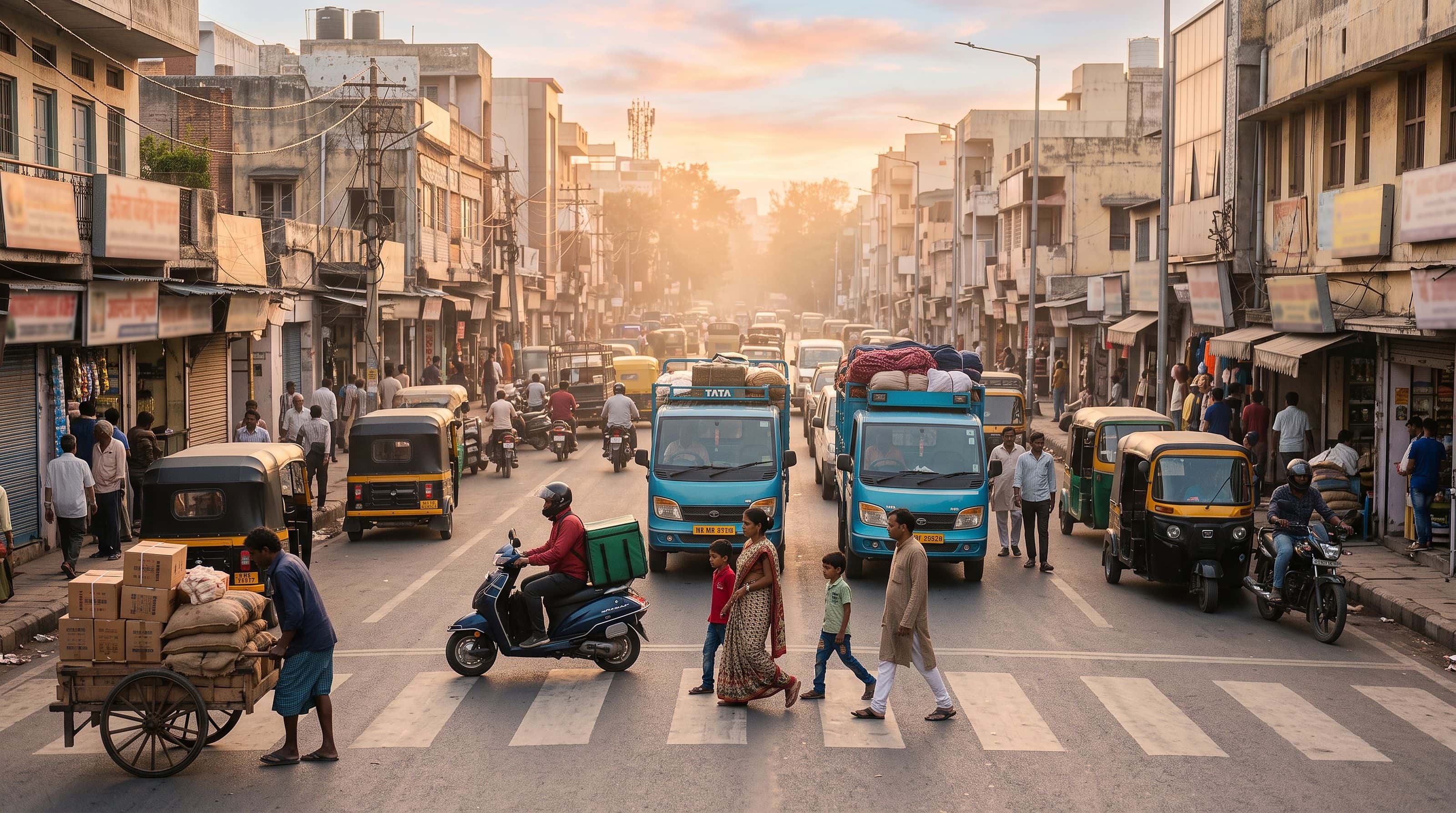 A busy Indian city street at golden hour with goods trucks and a delivery rider
