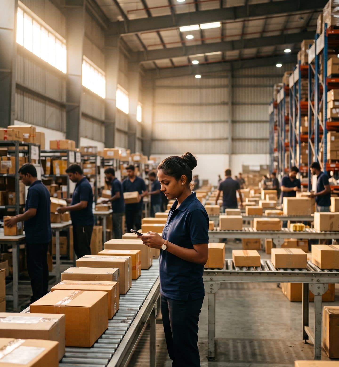 A supervisor checking her phone in a parcel sorting hub