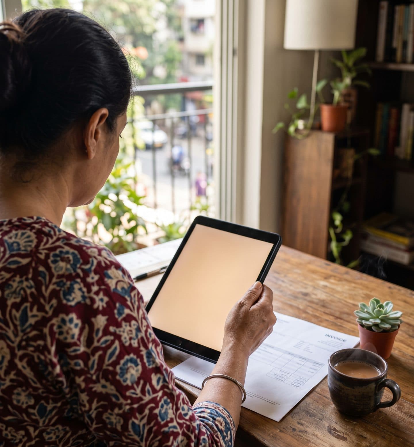 An accountant reviewing an invoice on a tablet