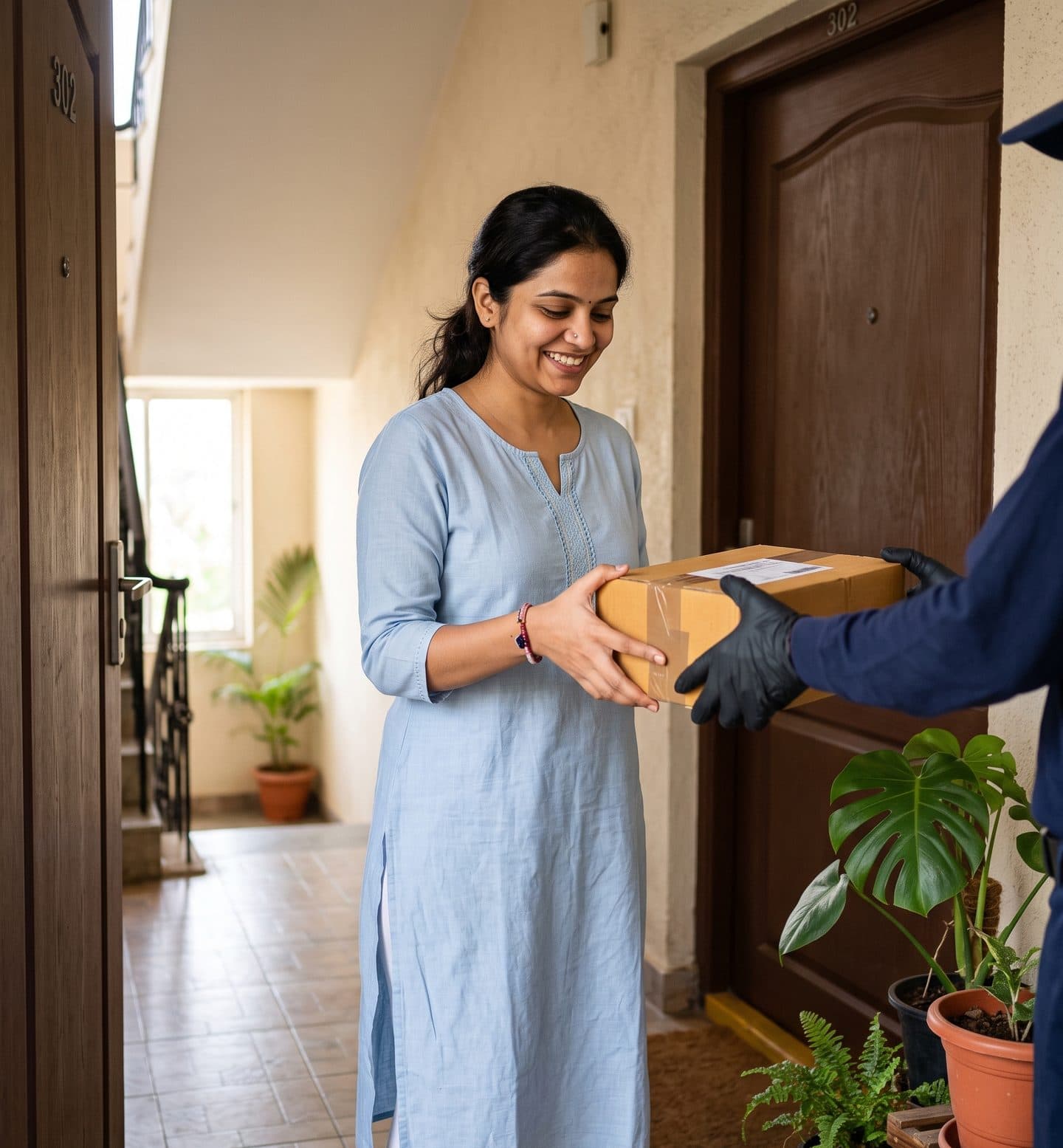 A customer smiling as she receives a parcel at her door