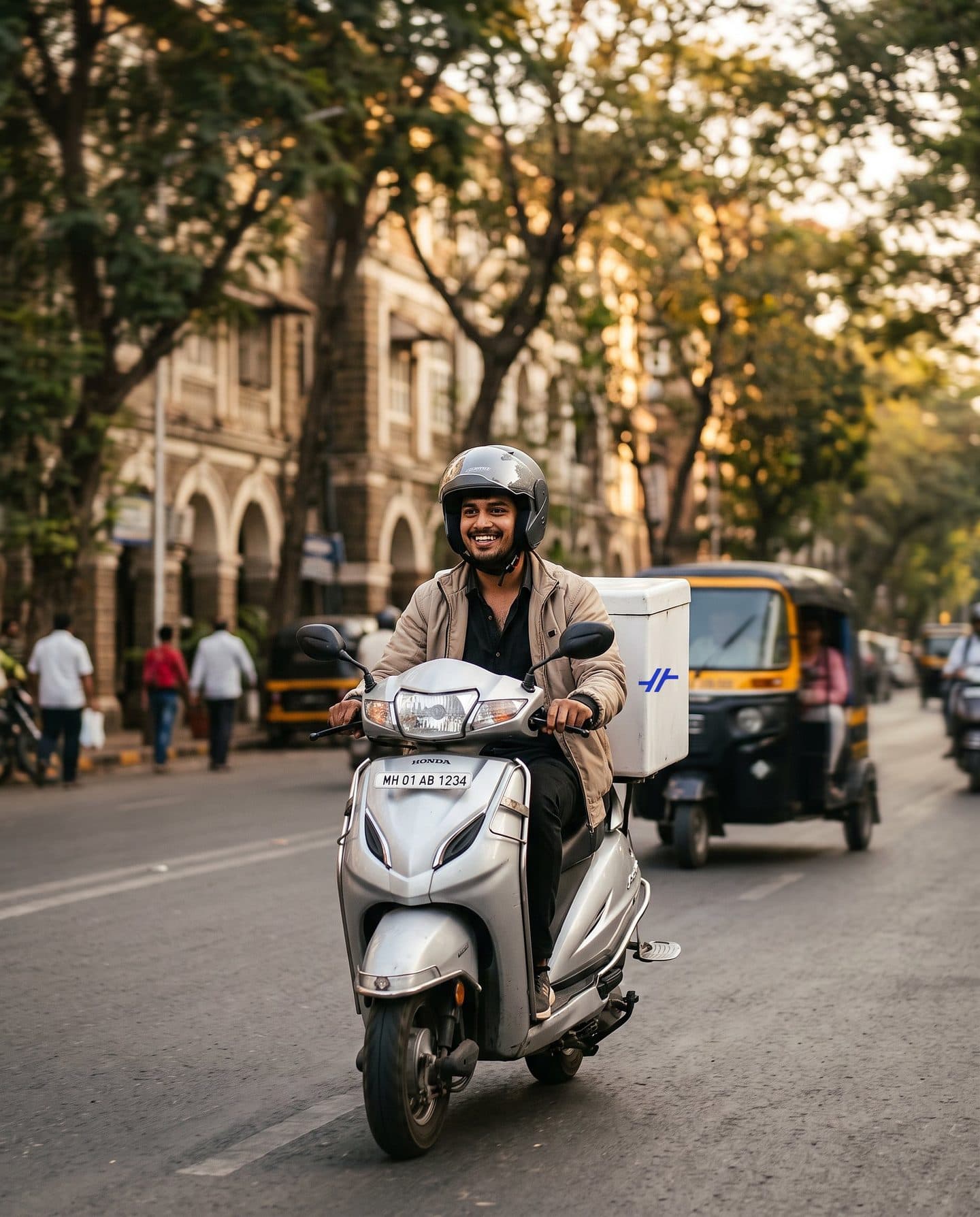 A delivery rider on a scooter in a Mumbai street