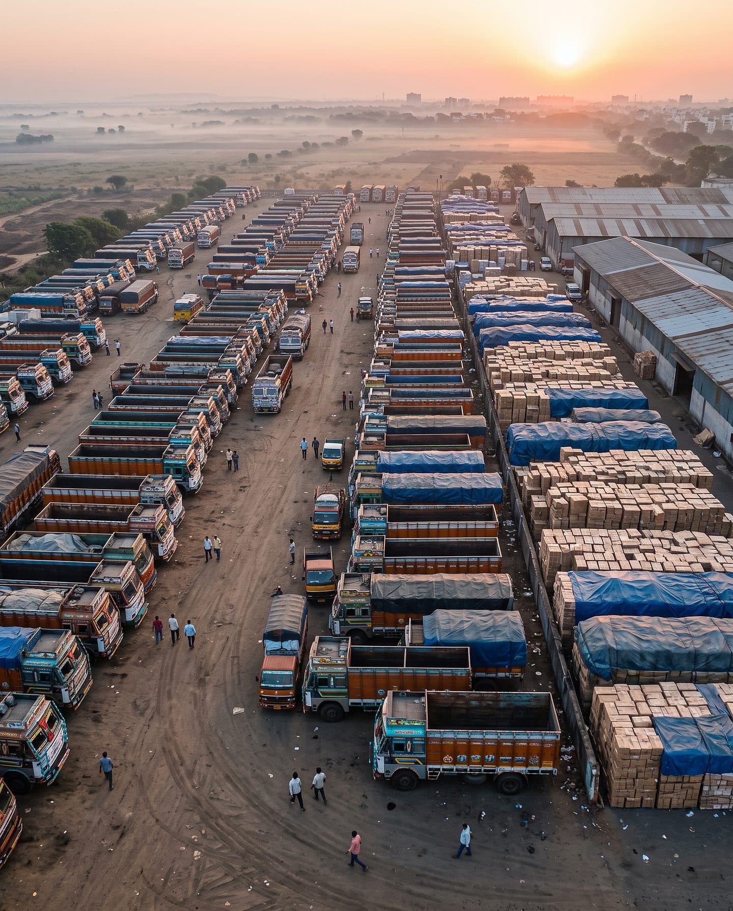 Aerial view of a logistics yard with rows of trucks at dawn