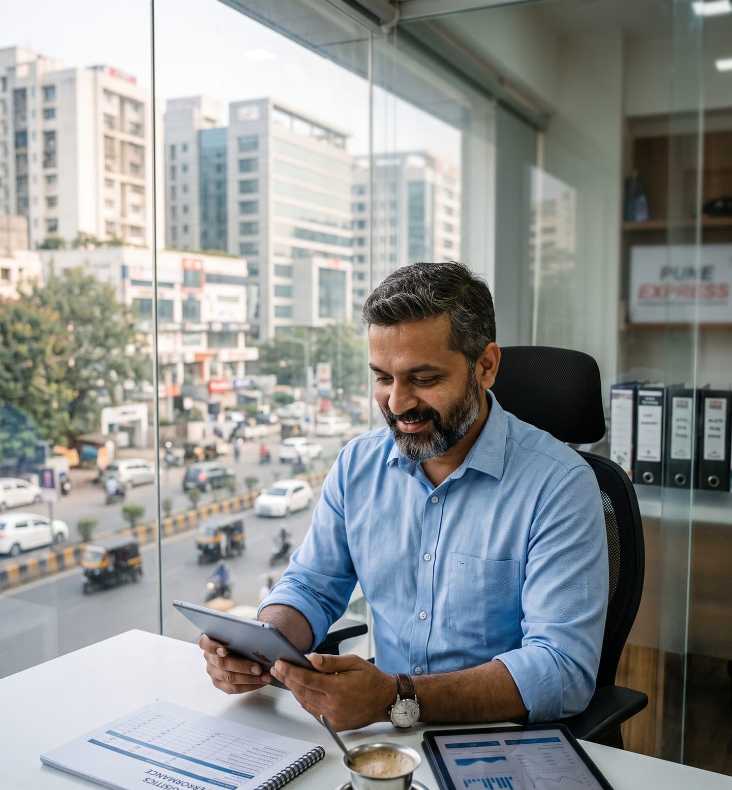 A logistics business owner reviewing charts on a tablet