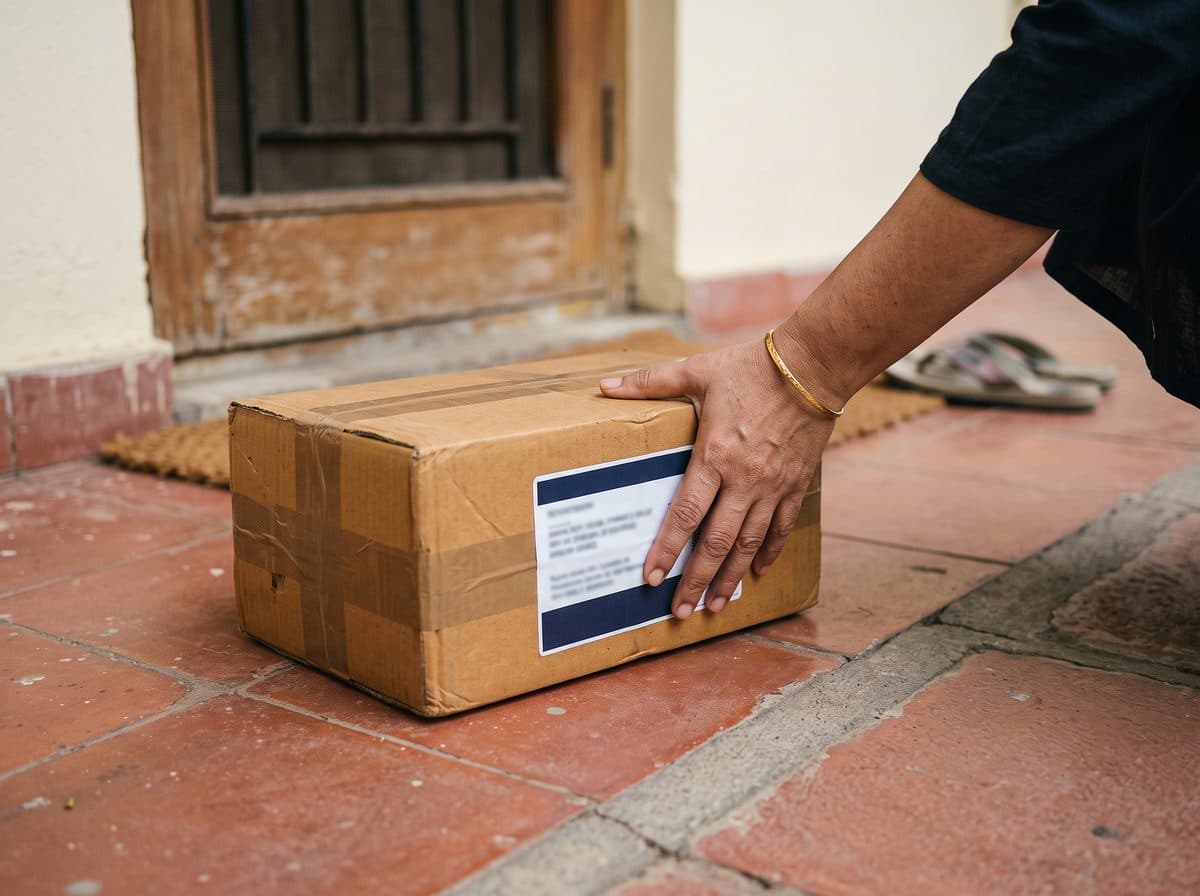 A customer picking up a neatly labelled parcel from the doorstep