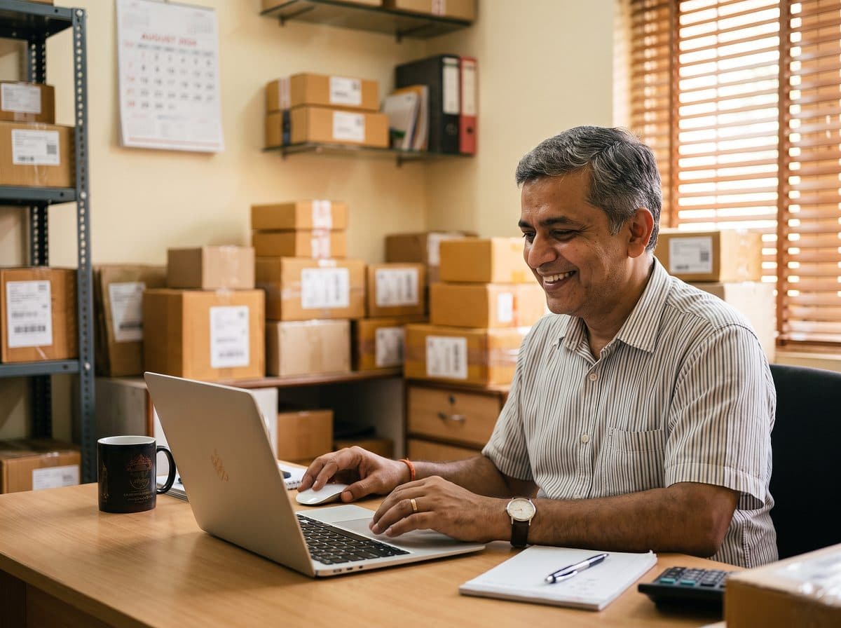 A courier agency owner looking pleased at his laptop