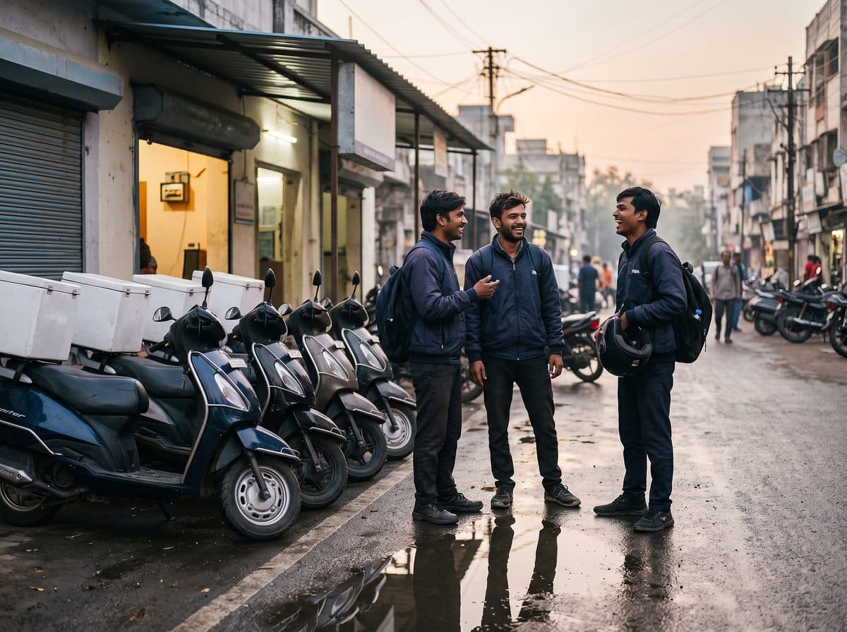 Delivery riders beside their scooters outside a courier hub at dawn