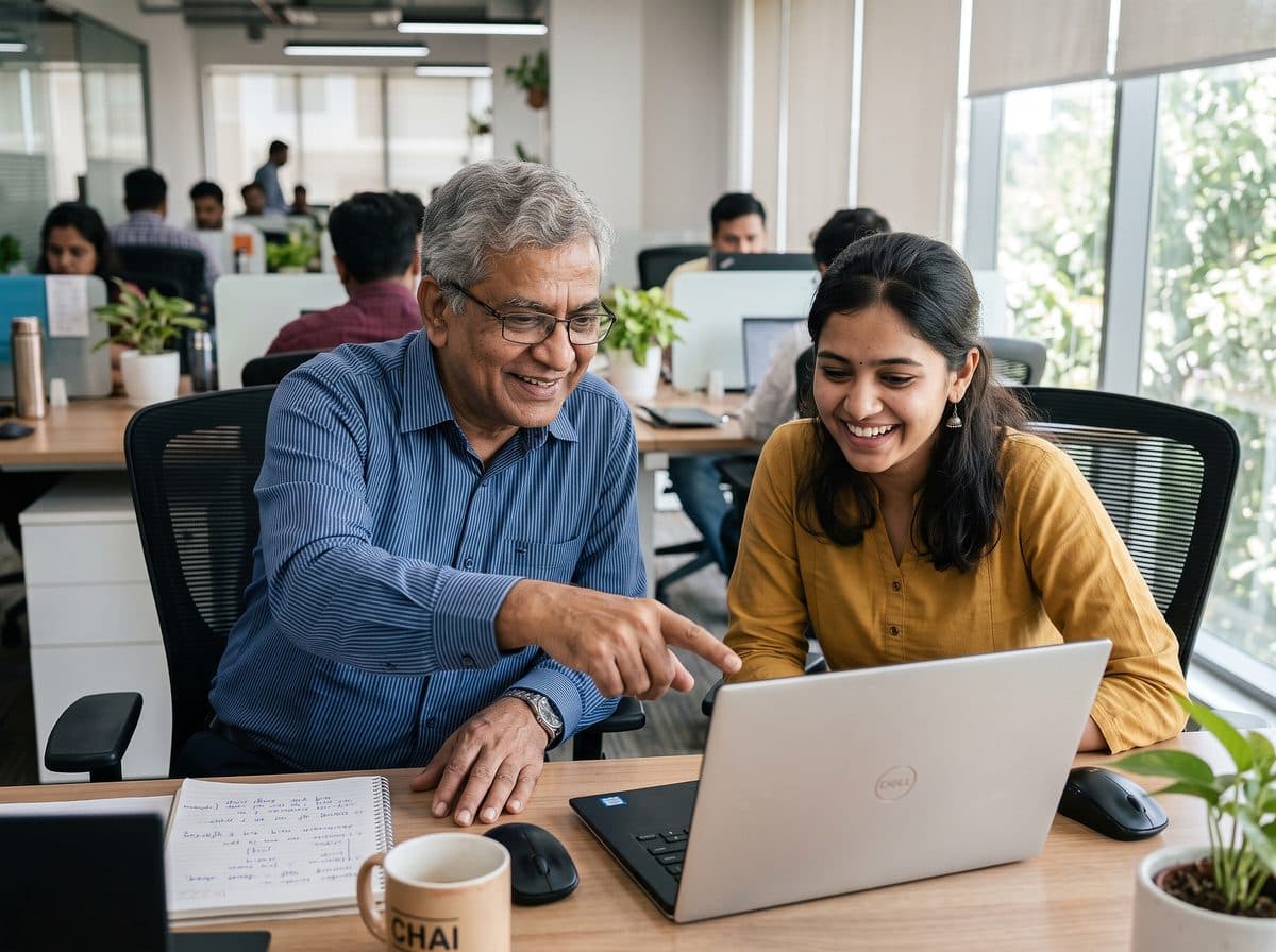 A veteran and a new hire smiling at a laptop together