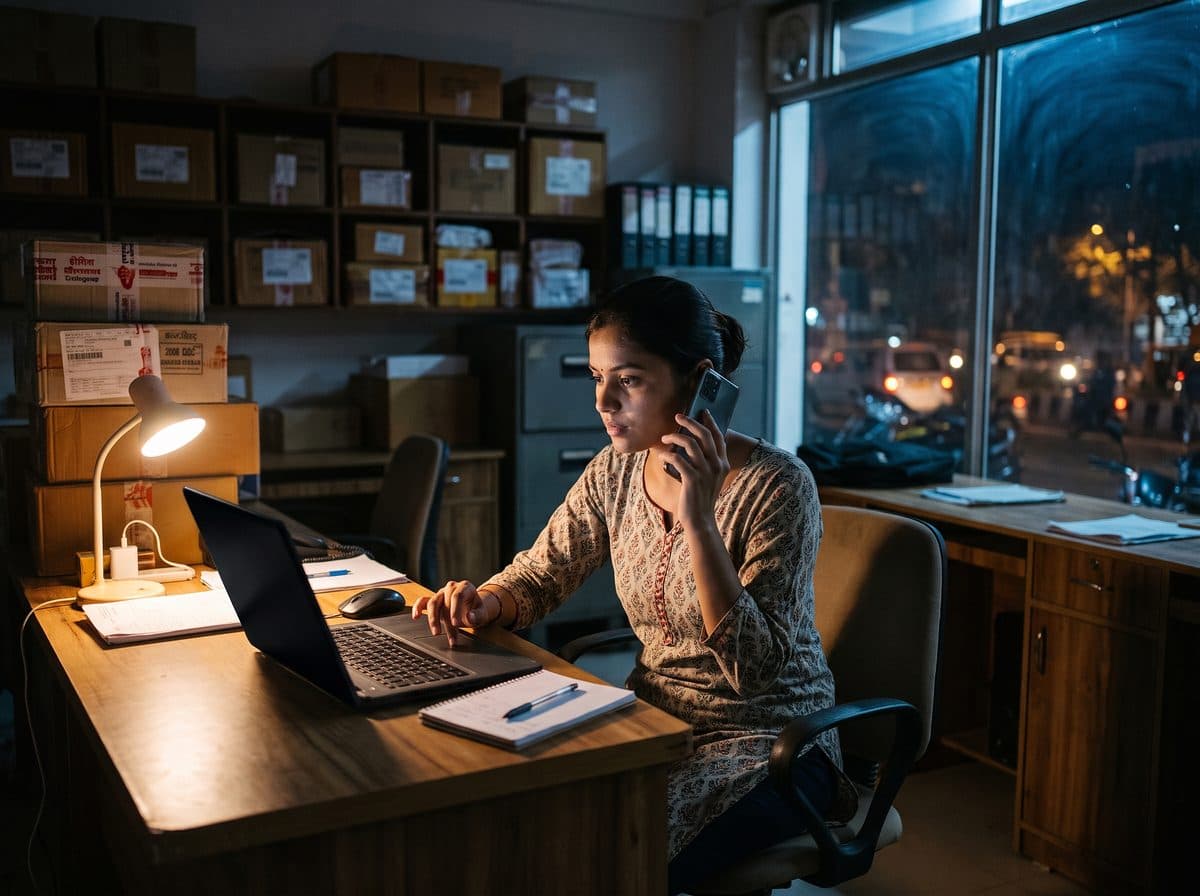 A staff member signing in securely in a quiet office in the evening